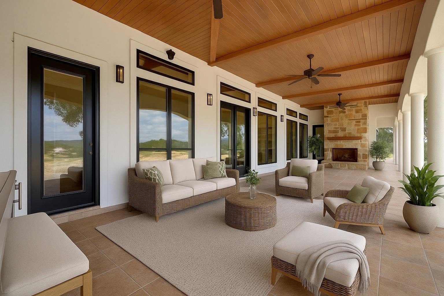 Virtually staged, expansive outdoor living w/ ceiling fans and stone fireplace