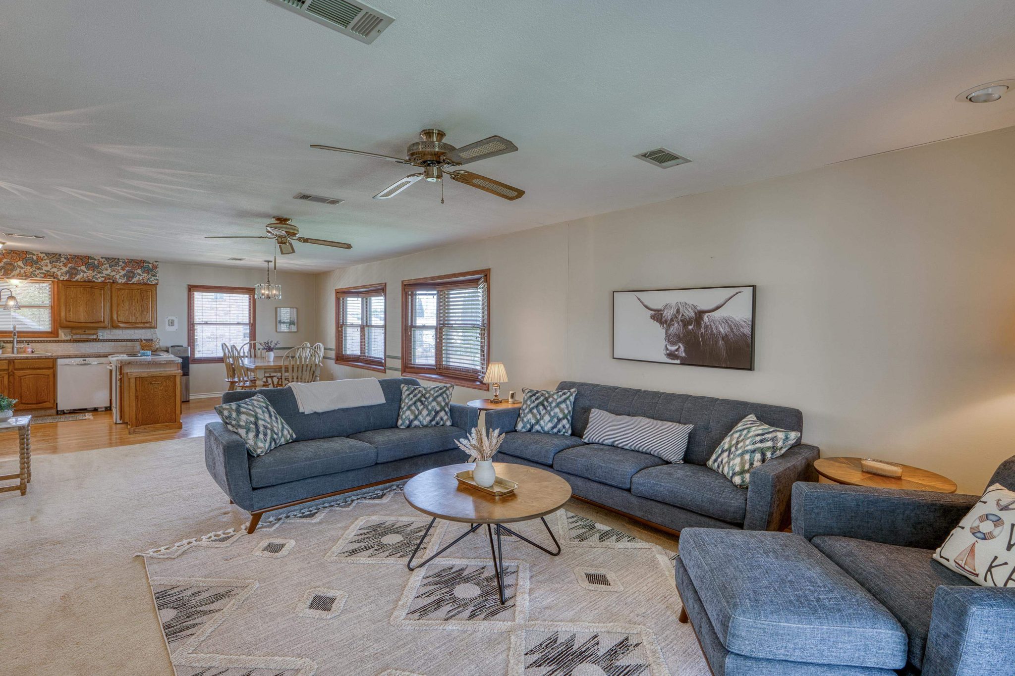 Open living, dining, and kitchen