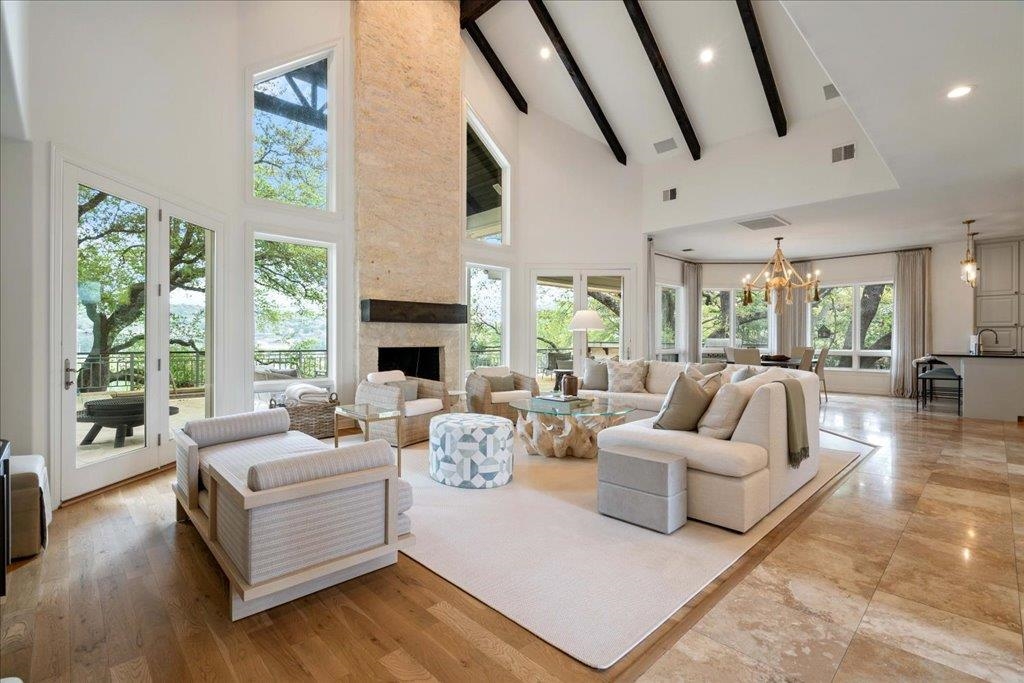 The Great Room's soaring ceiling emphasizes spaciousness.