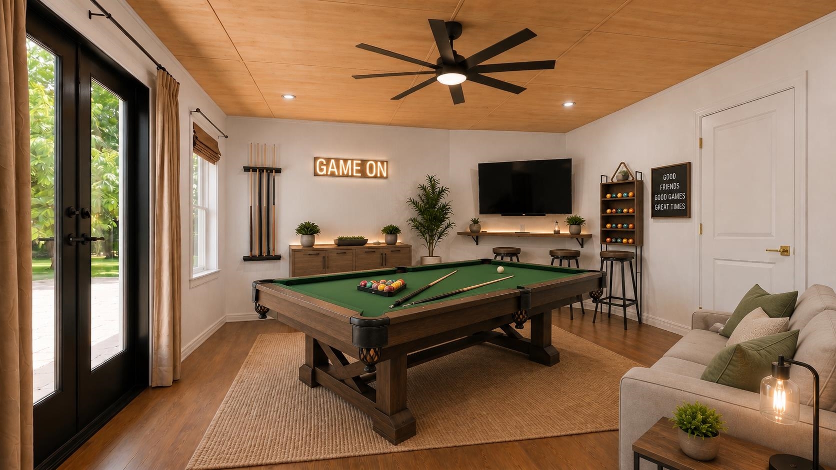 Split the large flex room in half and made a game room and a separate bedroom.