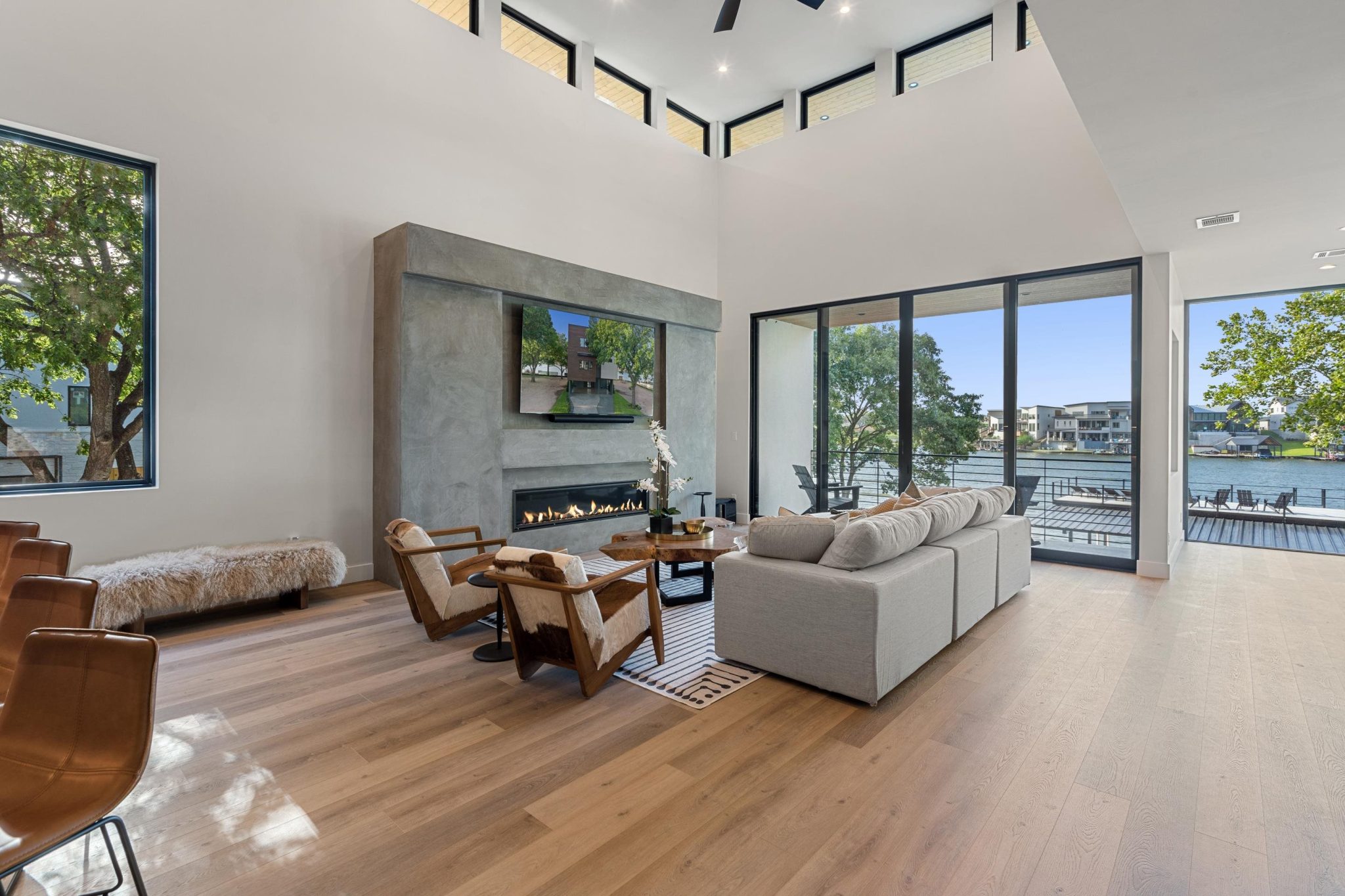 Soaring 24-foot ceilings anchor the main living and kitchen area.