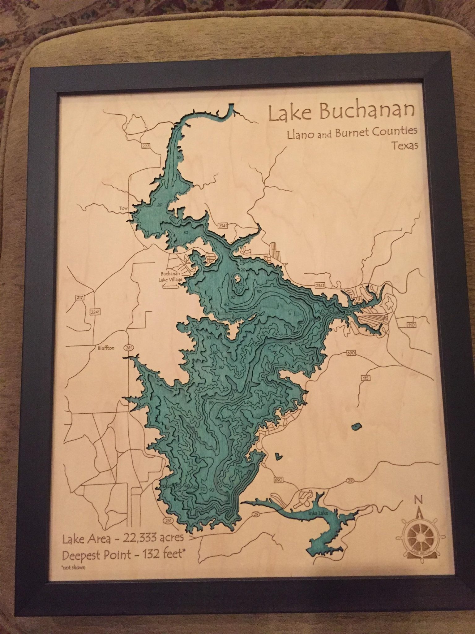 Lake Buchanan-This wooden map hangs in this home.