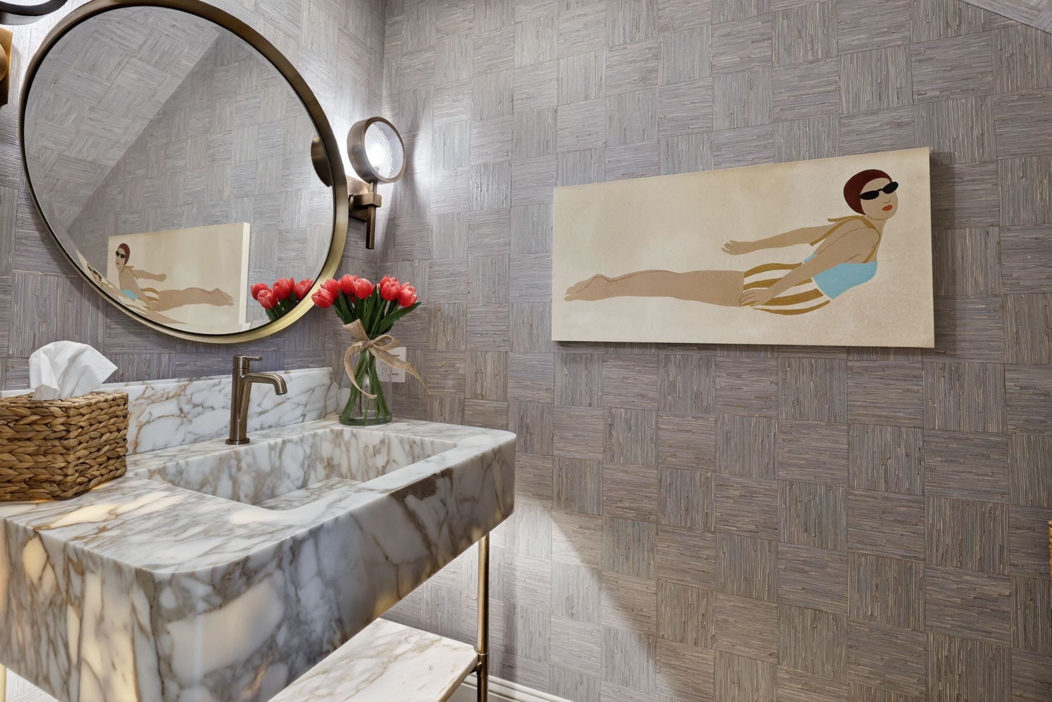 JUST A JOY TO WALK INTO WITH CUSTOM MARBLE CONSOLE SINK WITH UNDERLIGHTING, GRASSCLOTH...2026!