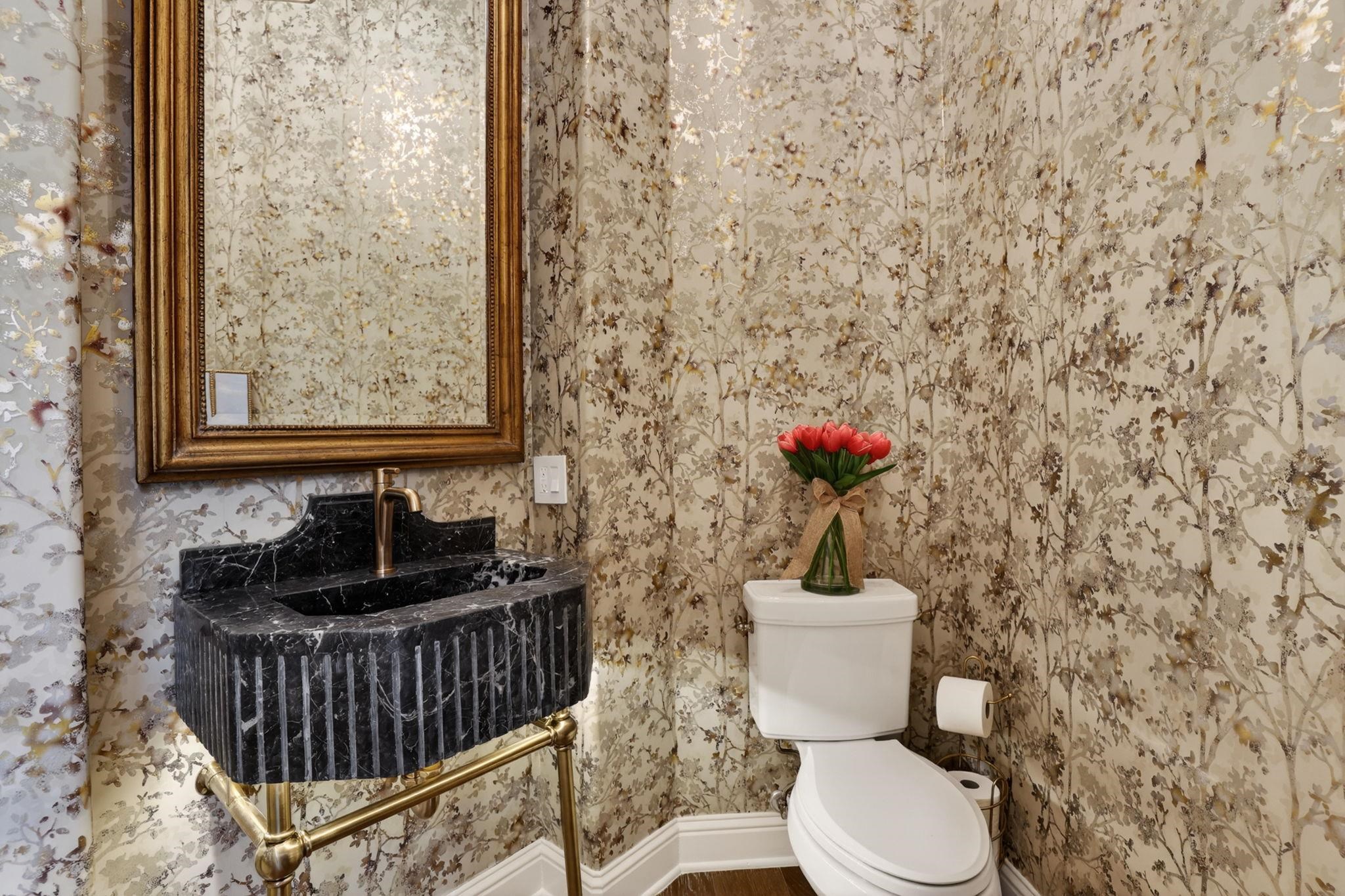 CUSTOM DESIGNED MARBLE CONSOLE SINK, FEATURING AMBIENT UNDER LIGHTING! WELCOME TO THE LAKE!
