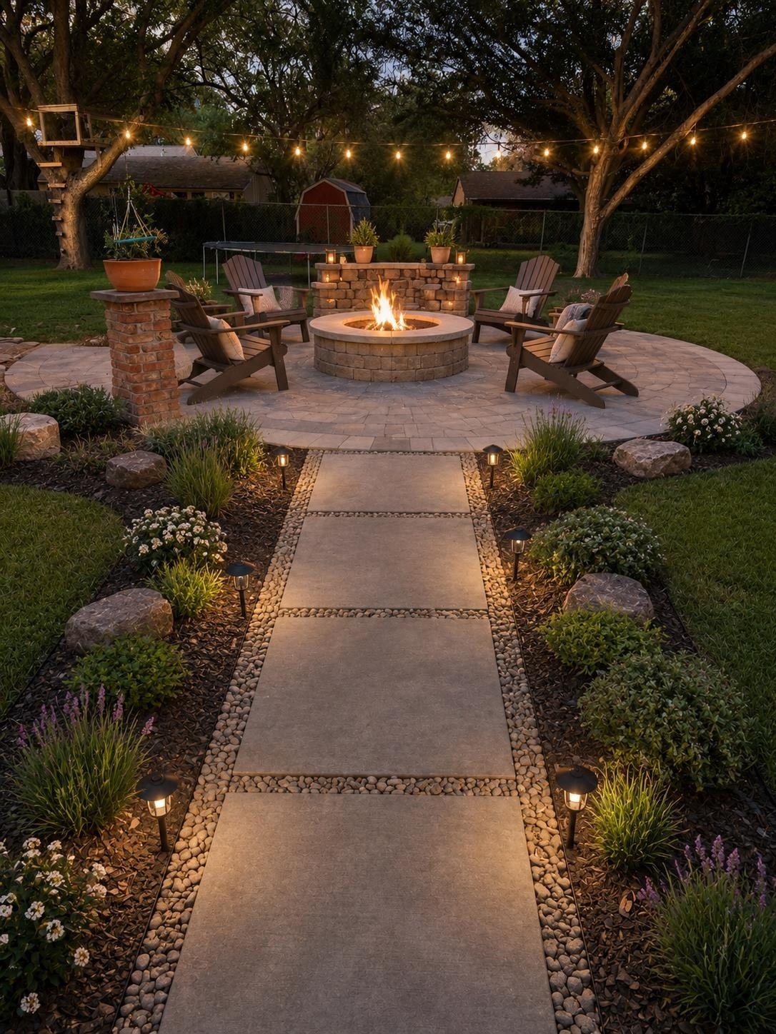 Outdoor walkway virtually staged with Fire Pit