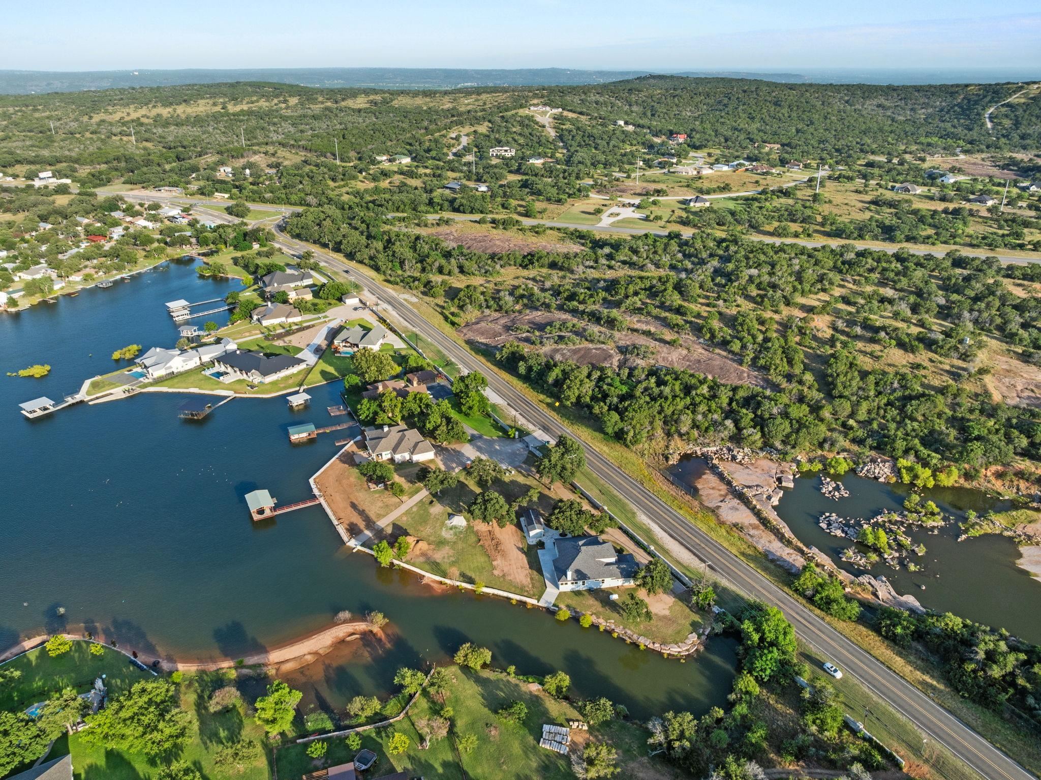Arial View of the lake and home