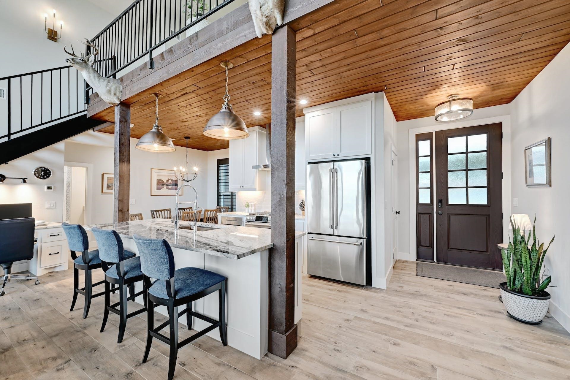 Functional kitchen has soft close pull out drawers, a walk-in pantry and built-in desk.
