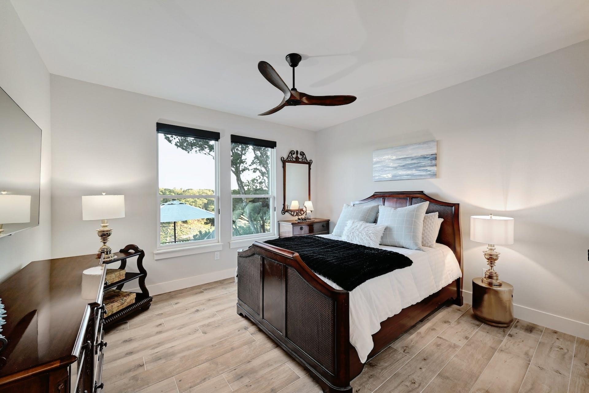The secondary bedroom has beautiful water views and lovely natural light.
