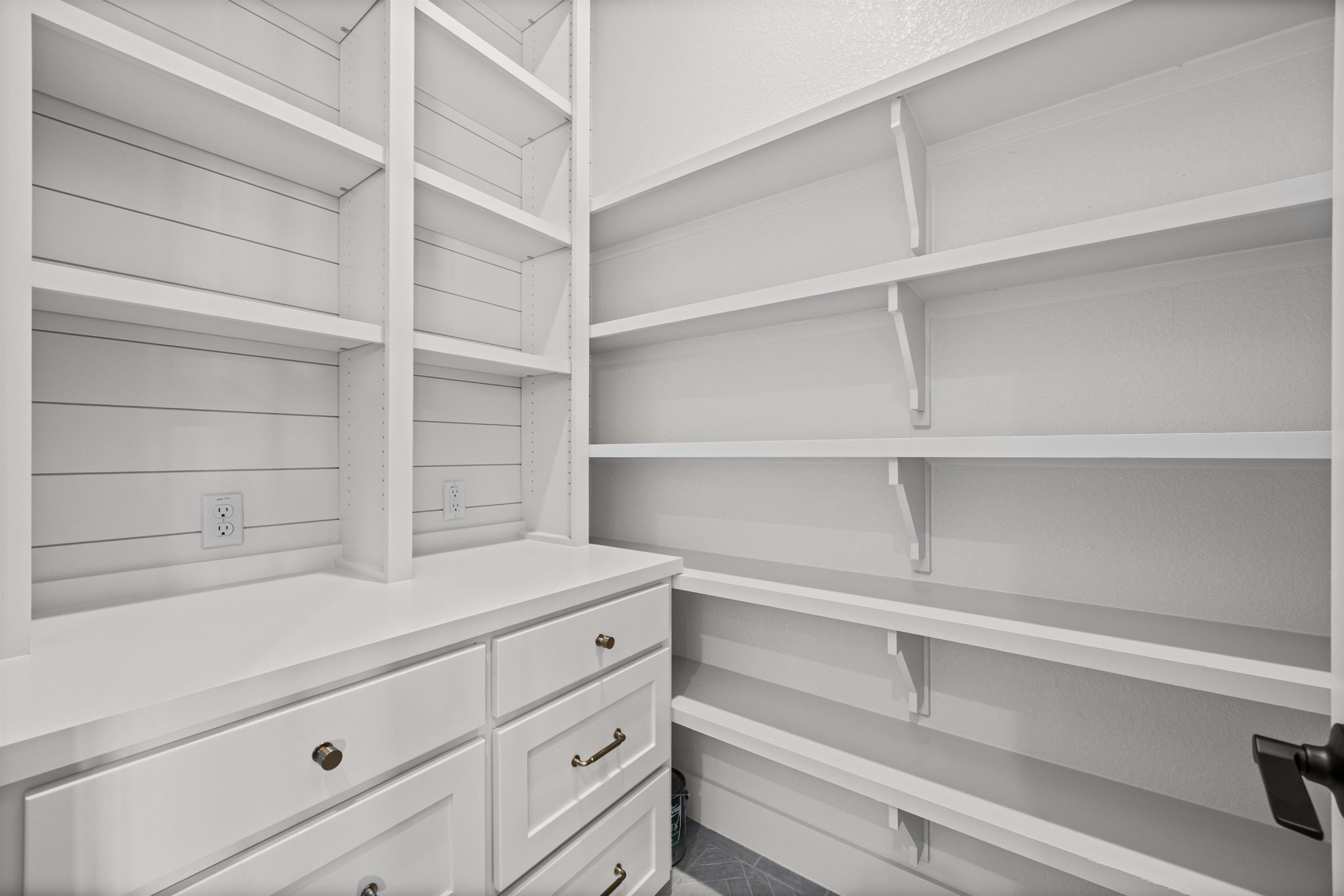 Functional pantry provides ample storage, integrated shelving, and built-in cabinetry.